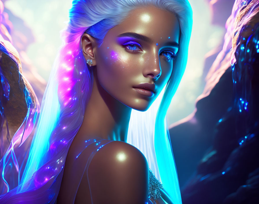 Fantasy portrait: Woman with glowing blue hair, iridescent butterfly wings, and luminous skin