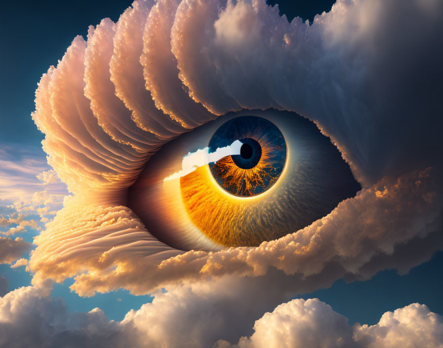 Surreal image of giant eye in cloud with keyhole, symbolizing vision