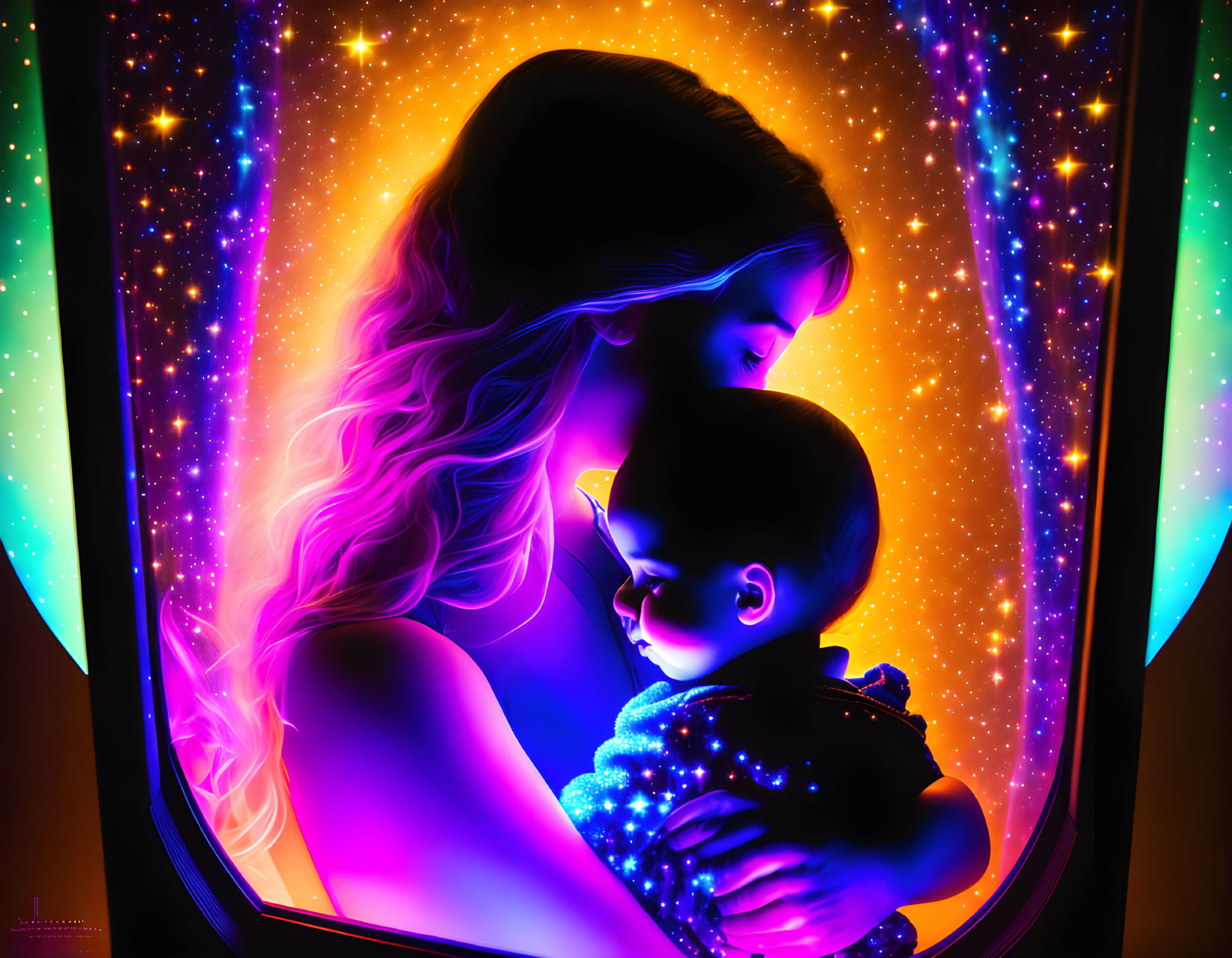 Vibrant neon colors embrace a child in cosmic scene