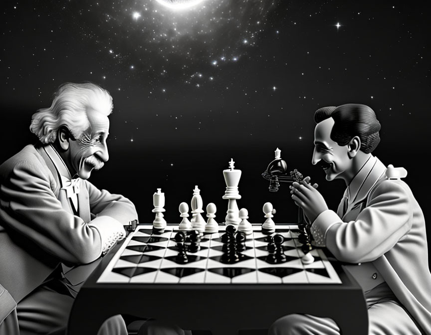 Stylized historical figures play chess in surreal space scene