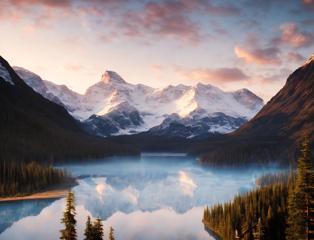 Snowy mountain landscape at sunrise with serene lake and pine trees