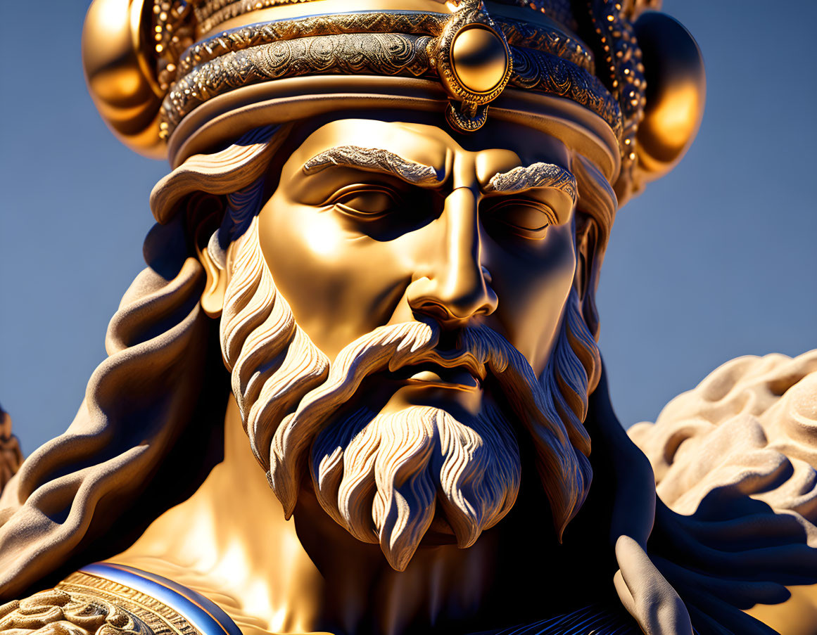 Golden statue of bearded figure in crown with intricate facial features and regal attire