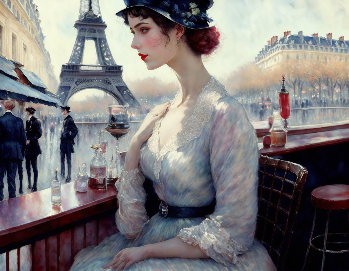 Vintage dress and hat: Woman at Parisian bar with Eiffel Tower.