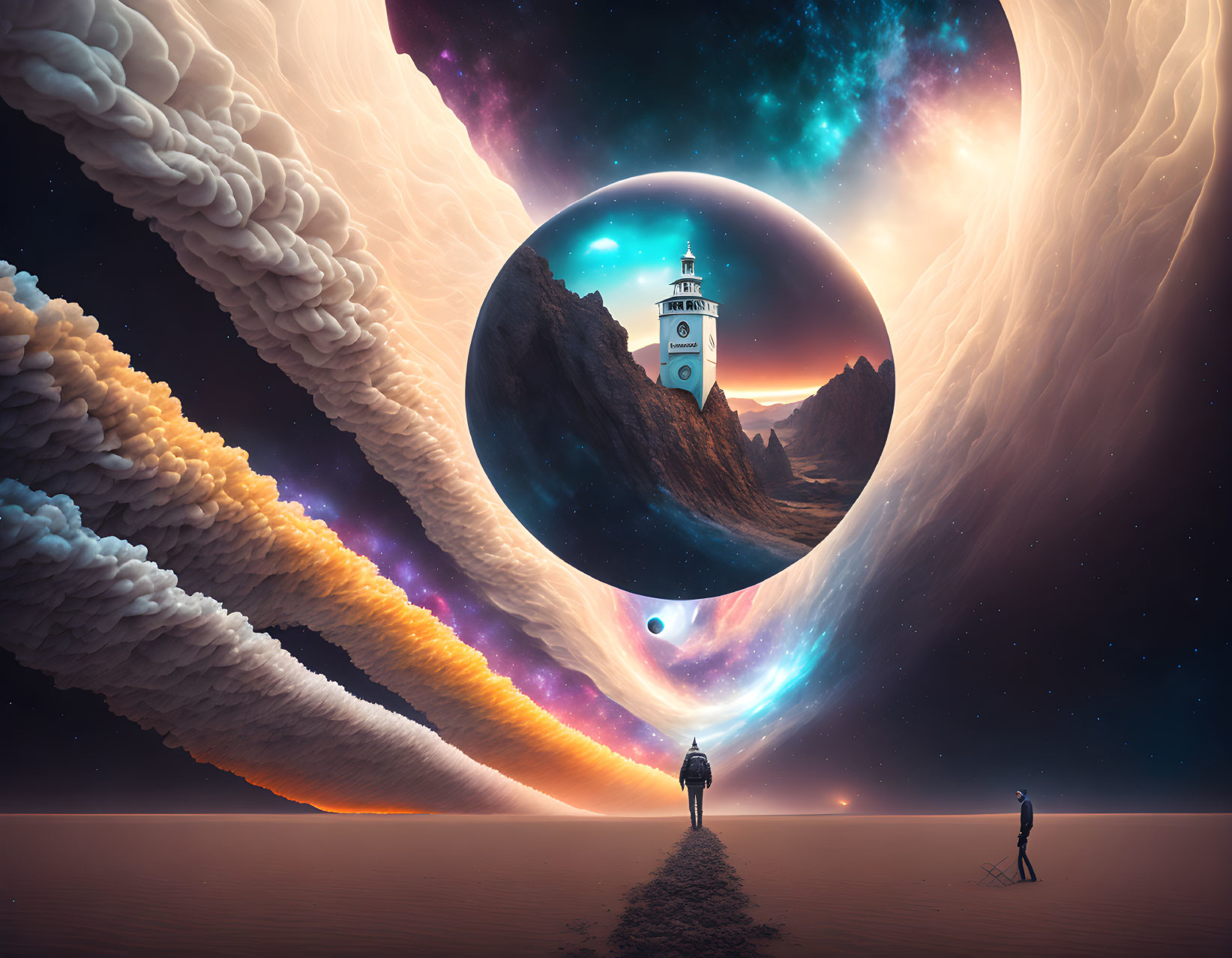 Person on desert path near surreal giant bubble with lighthouse, cosmic clouds, and planets