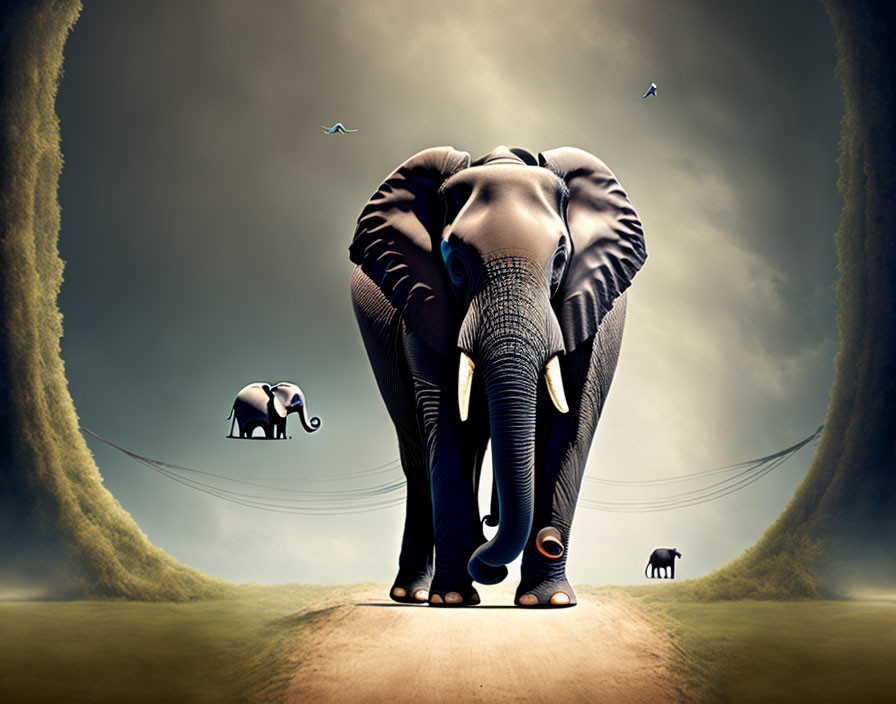 Large elephant with pronounced backside walking on curved path, surreal scene with smaller elephants and dramatic sky.