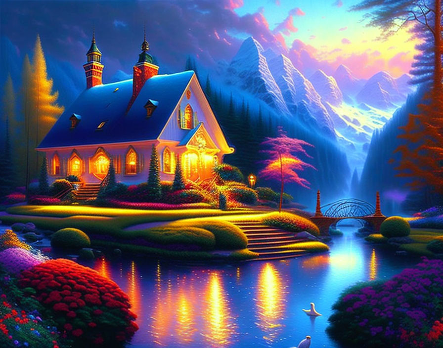 Colorful fantasy landscape with cottage, lake, gardens, waterfall, mountains, twilight sky