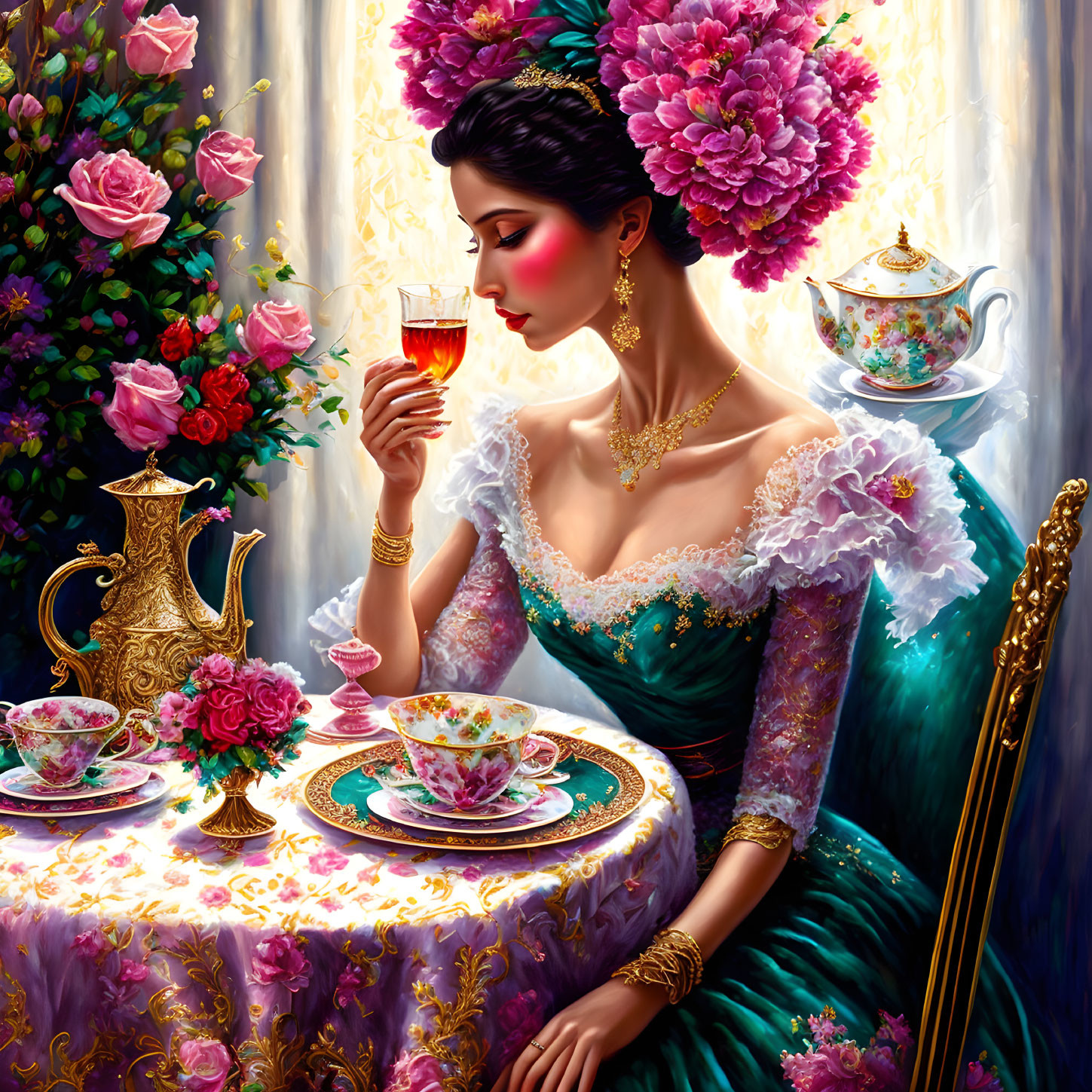 Woman in vibrant dress enjoying wine at ornate tea setting with roses and golden teapot