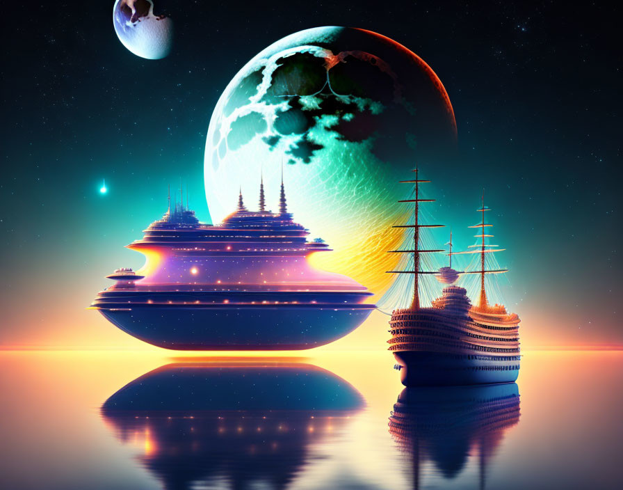 Futuristic sailboat-like ships on tranquil sea under starry sky with Earth and moon.