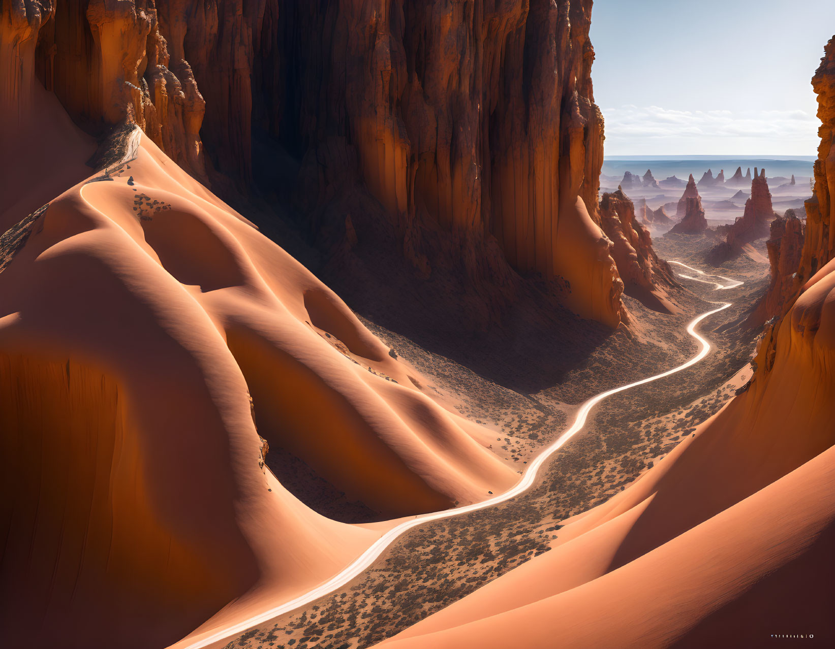 Scenic path through towering sandstone cliffs