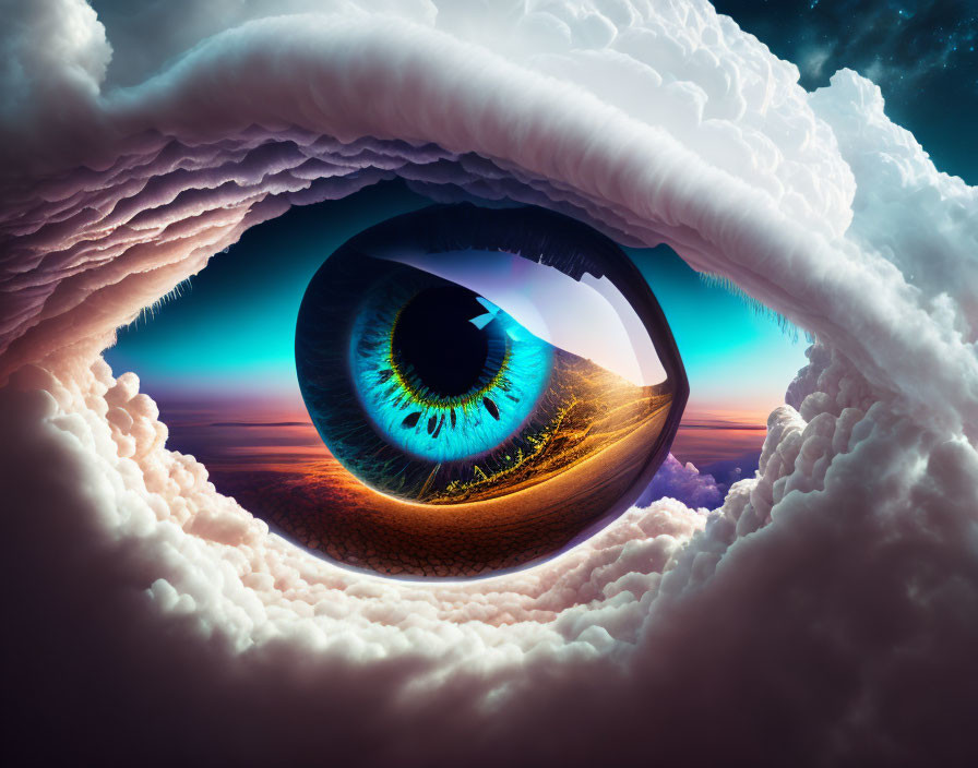 Surreal landscape reflected in giant eye amidst clouds