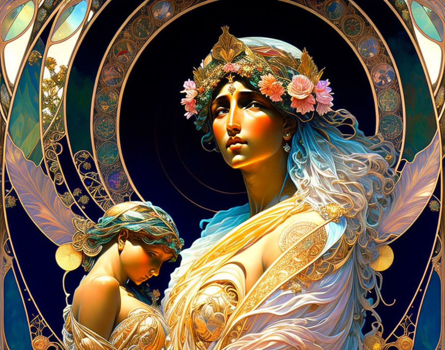 Ethereal women in floral crowns against celestial Art Nouveau backdrop