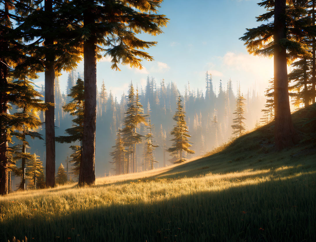 Misty forest at sunrise with tall trees and green meadow