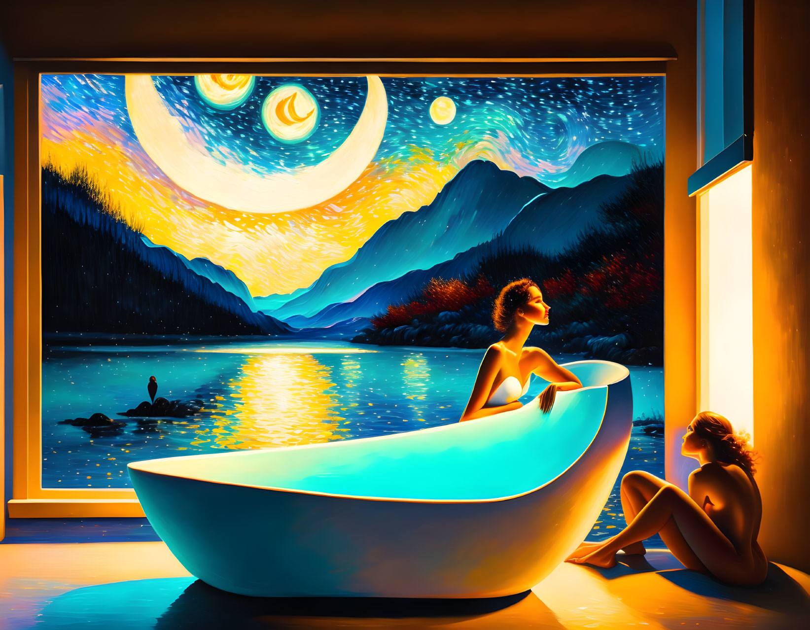 Artistic painting of person in bathtub by scenic night lake