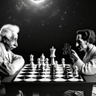 Stylized historical figures play chess in surreal space scene