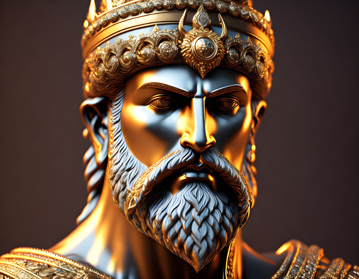 Detailed 3D rendering of bearded king in golden crown and armor