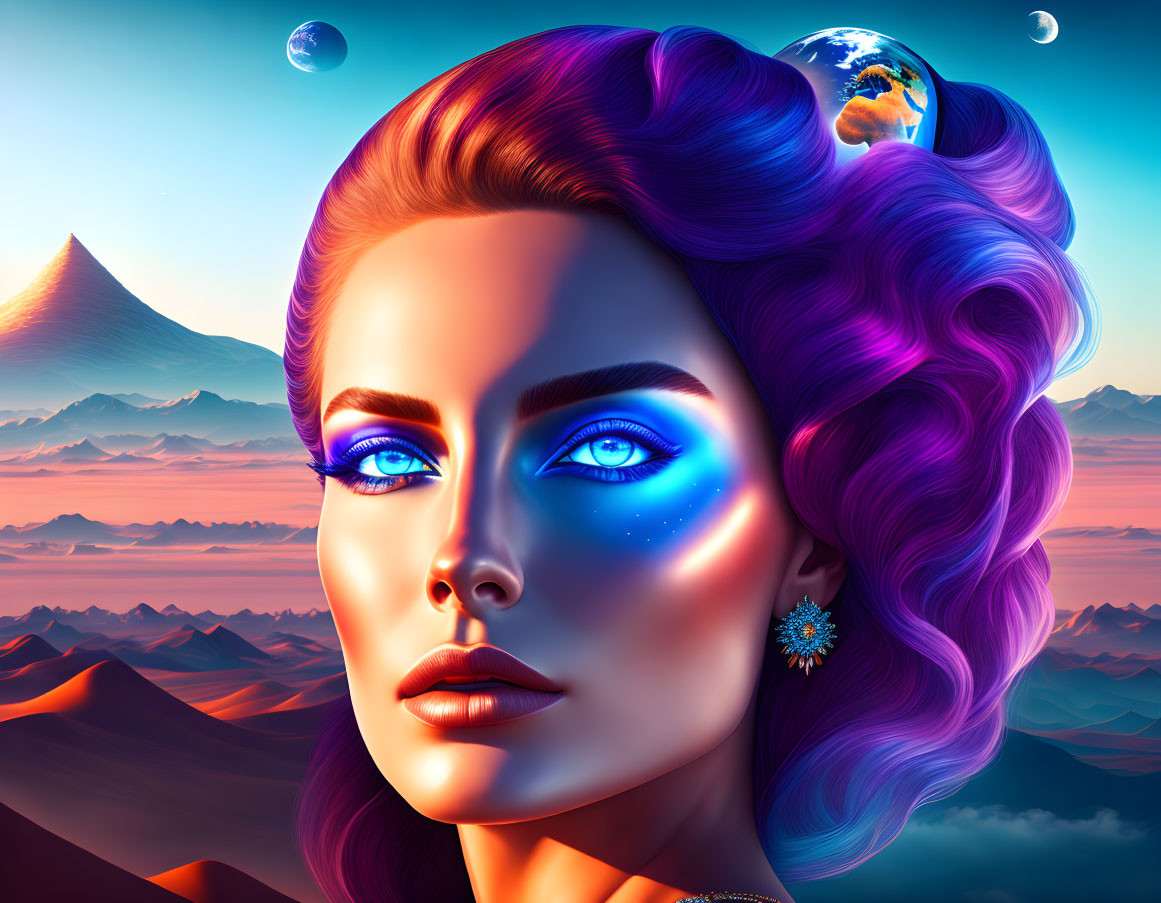 Colorful illustration: Woman with celestial motifs in mountain landscape