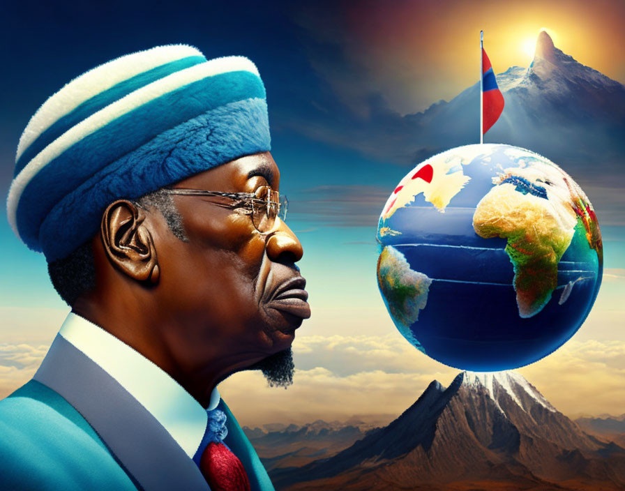 Man in Glasses and Blue Turban with Globe and Flags, Mountain and Sky Background