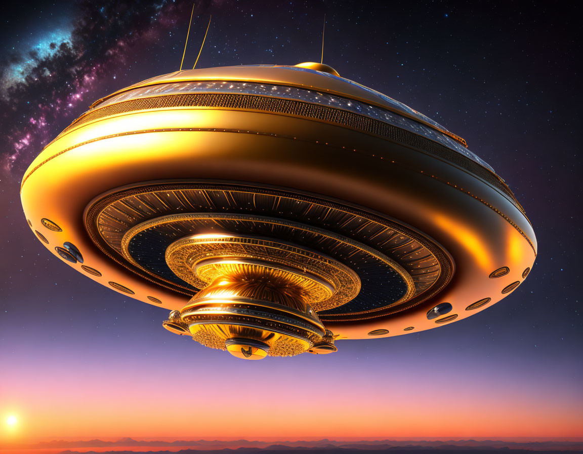 Golden futuristic UFO with intricate designs in sunset sky.