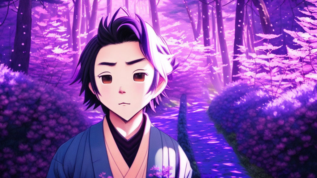 Dark-haired animated character in traditional attire in purple forest