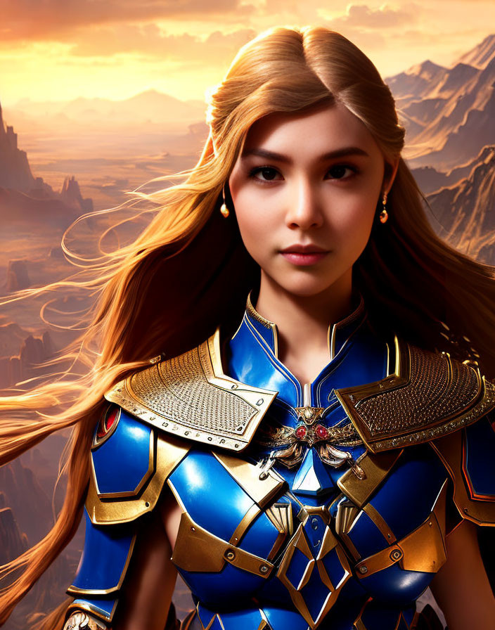 Blonde Woman in Blue Fantasy Armor with Canyon Landscape