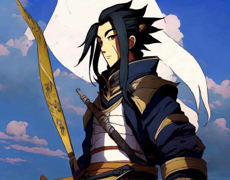 Warrior with Black Hair and Blue Armor Holding Spear