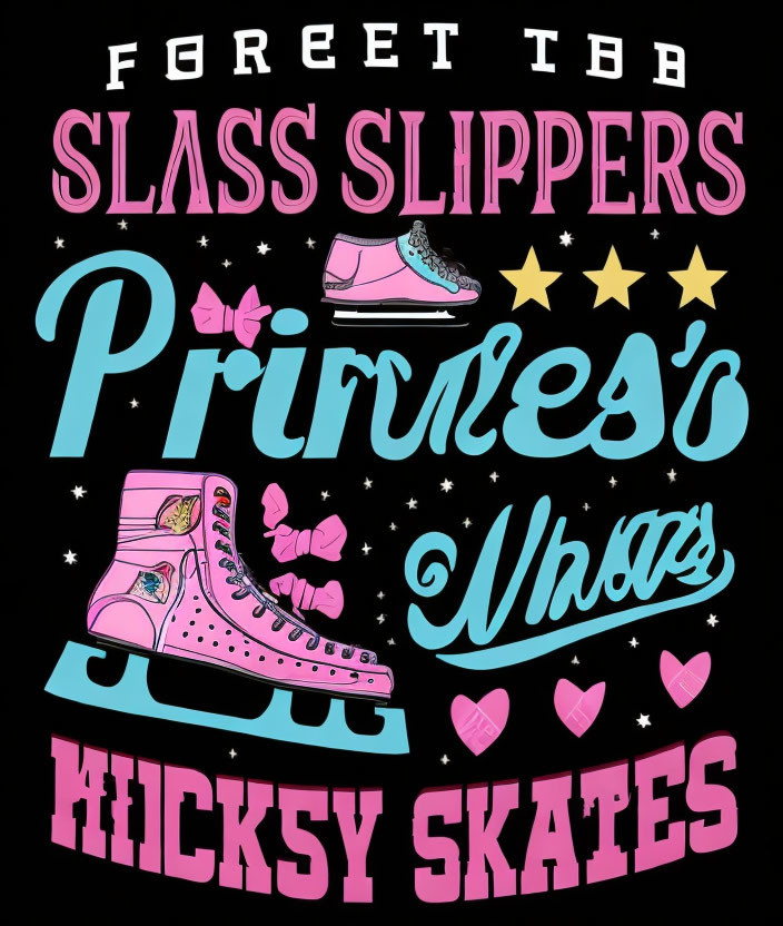 Princess-themed graphic tee with roller skates and stars on black background