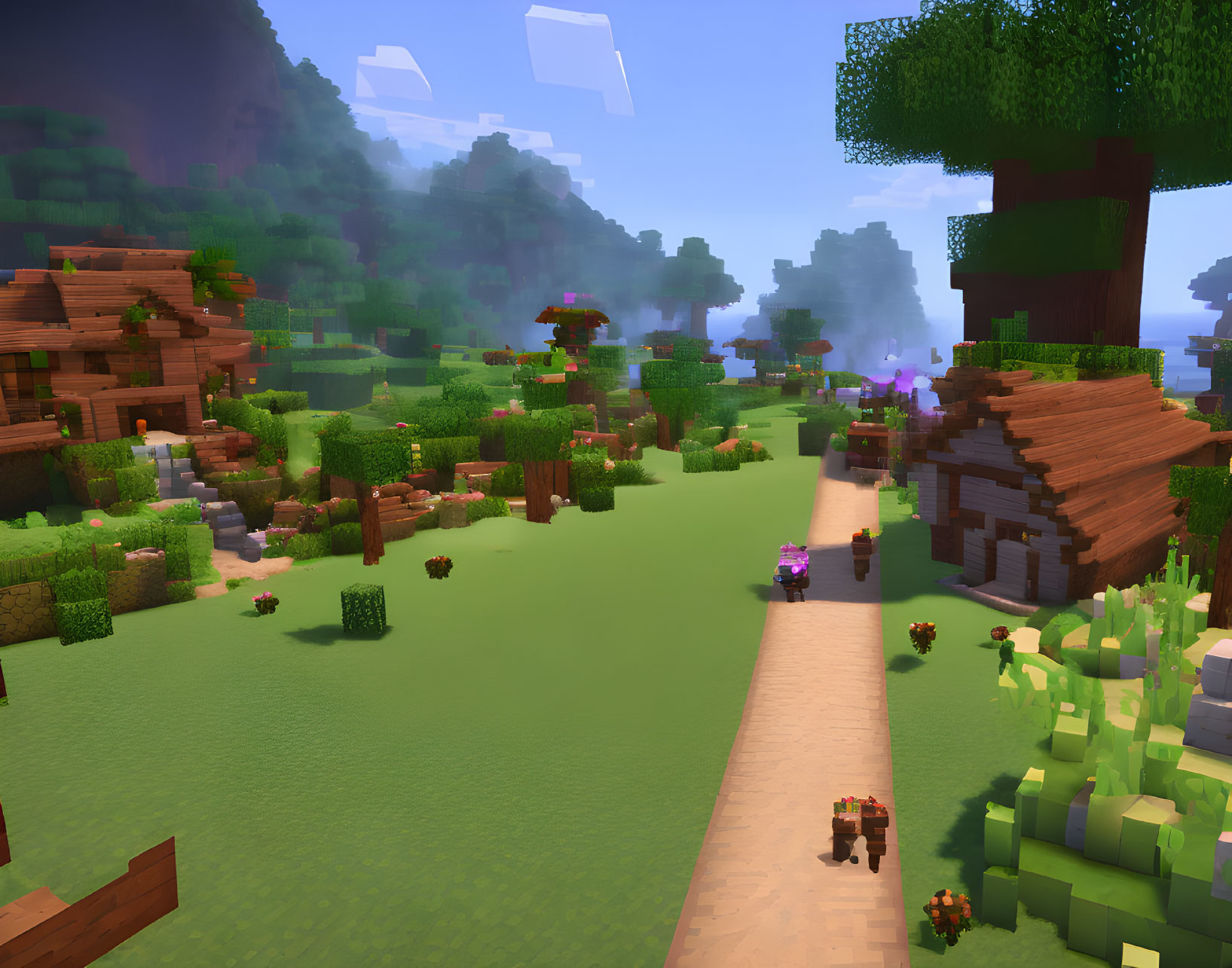 Colorful Minecraft landscape with blocky trees, grassy terrain, dirt path, and wooden house.