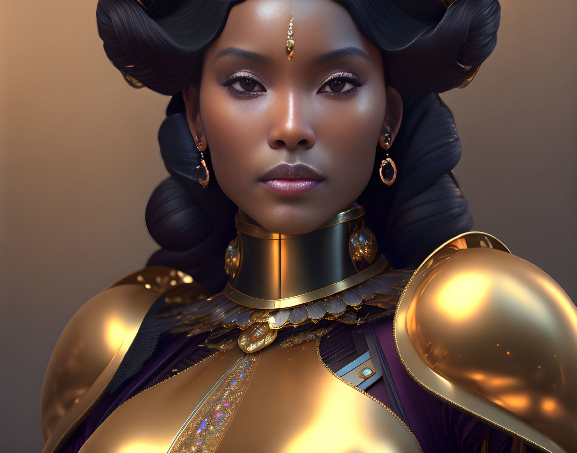 Woman portrait with elaborate hairstyle and golden futuristic armor and purple accents.