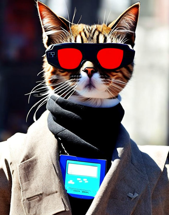 Cat in sunglasses, turtleneck, beige jacket, blue badge