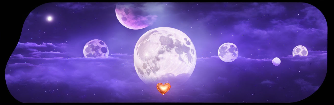 Panoramic dreamscape: multiple moons, starry sky, glowing heart