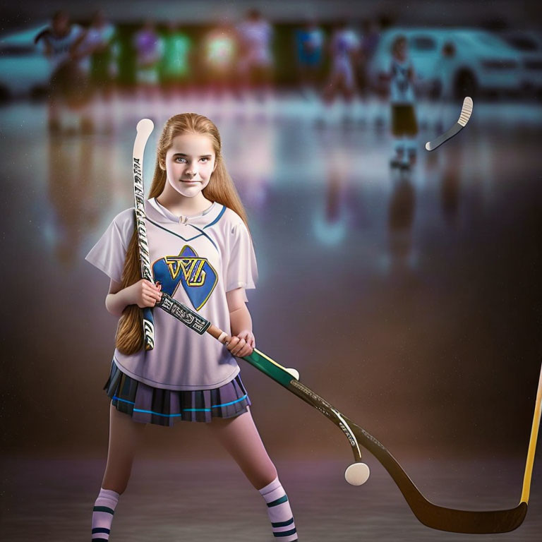 Young girl in sports uniform with field hockey stick and ball in mid-air against blurred sports field backdrop.