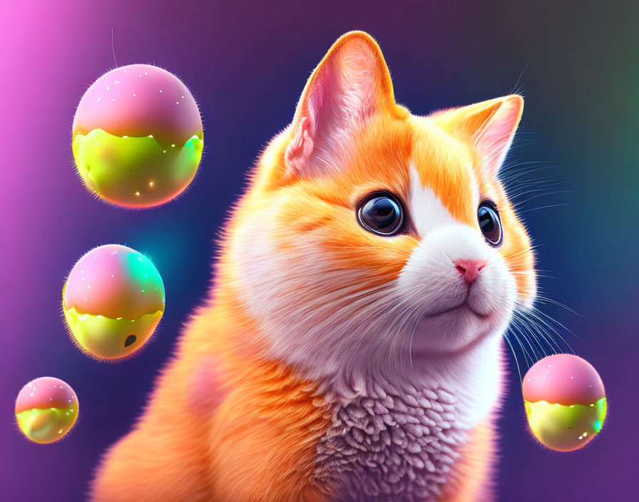 Colorful Cat Illustration with Expressive Eyes and Iridescent Bubbles on Purple Background