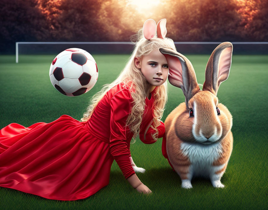 Girl in red dress with bunny ears and rabbit on grass with soccer ball in background