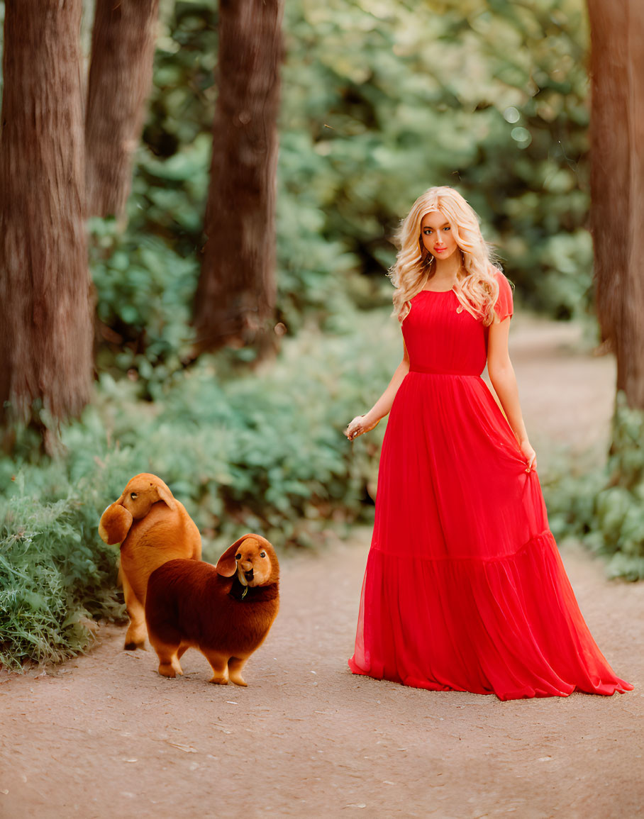 Woman in Red Dress with Two Dachshunds in Lush Greenery