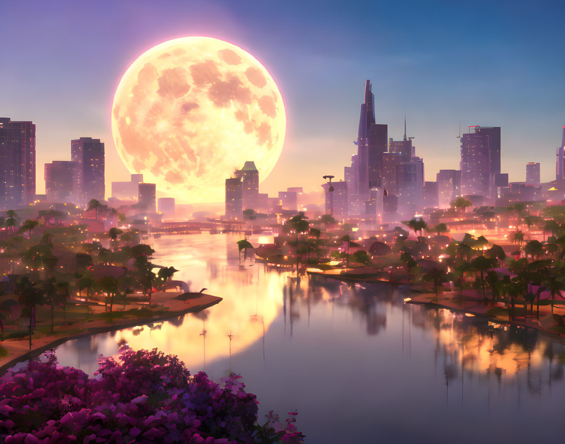 Surreal cityscape at dusk with glowing moon over calm river and vibrant park.