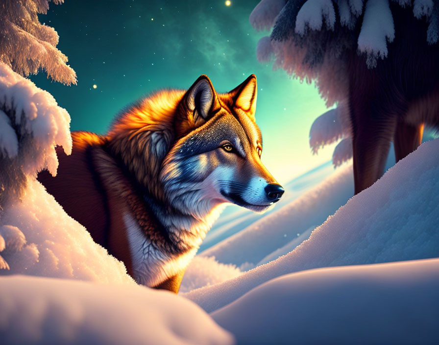 Vibrant wolf in snowy forest under starry sky