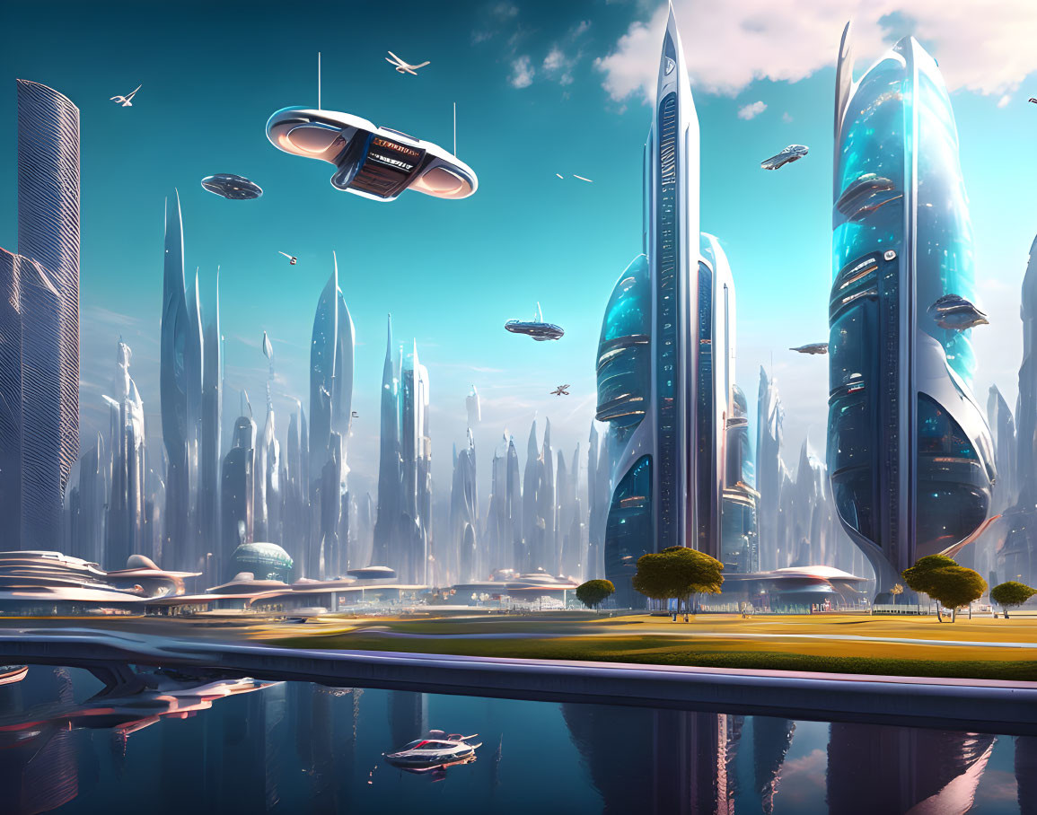 Futuristic cityscape with skyscrapers, flying cars, and waterway