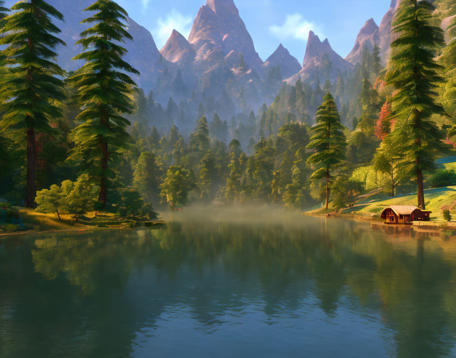 Tranquil lake scene: misty ambiance, wooded cabin, towering trees, mountain view