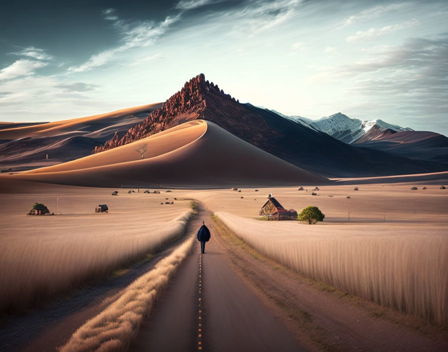 Person walking among sand dunes, rocks, and mountains under serene sky