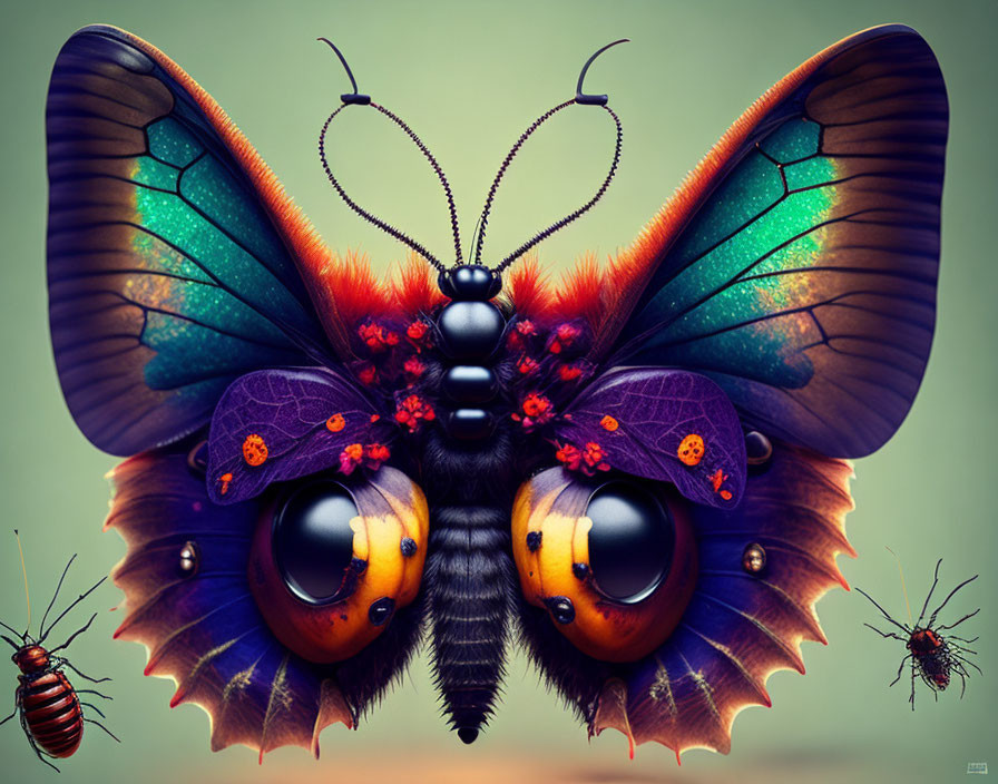 Detailed digital illustration of iridescent butterfly with expressive eyes and intricate patterns