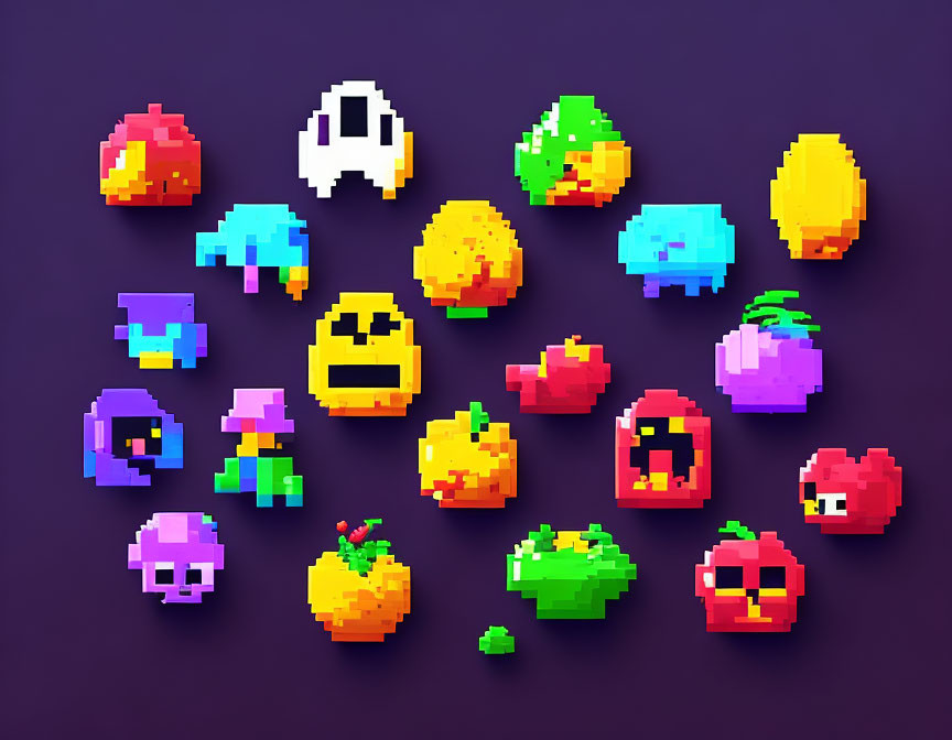 Diverse Pixel Art Icons: Fruits, Animals, Ghost on Purple Background