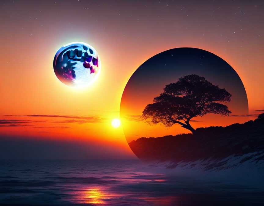 Surreal beach sunset with planet and moon-like sphere in sky