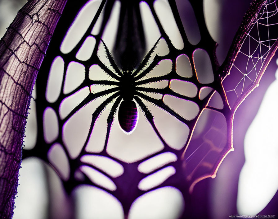 Spider silhouette in intricate web on purple and white backdrop