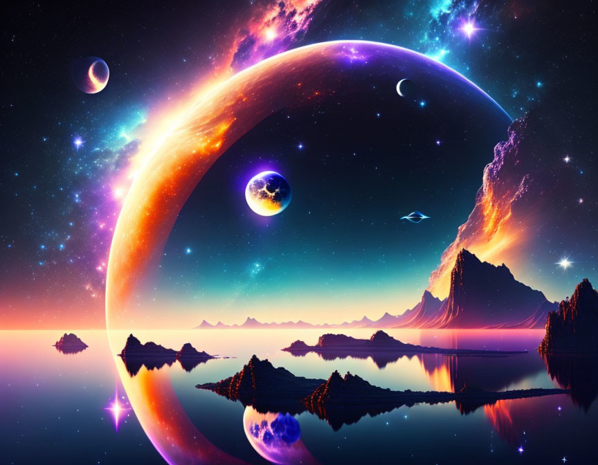 Cosmic landscape digital art with planets, stars, nebula, lake, and mountains