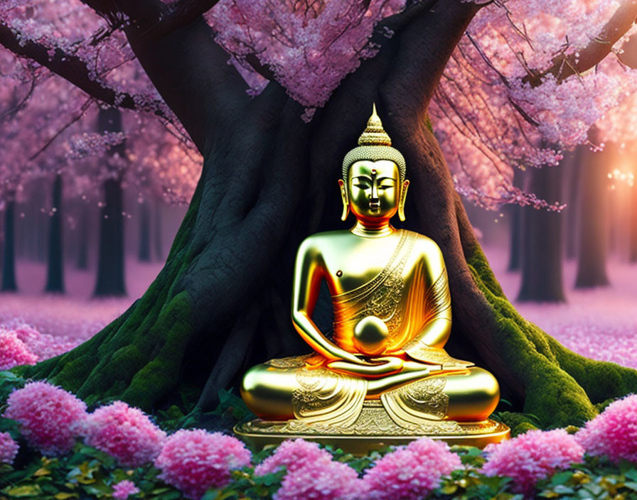 Golden Buddha Statue Meditating Under Cherry Blossom Tree