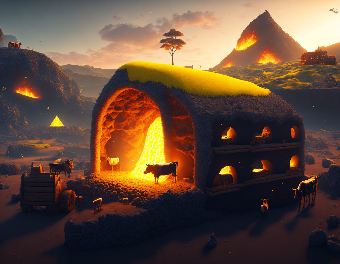 Fantastical dusk landscape with lava cave house, grazing animals, volcanoes, pyramids, orange