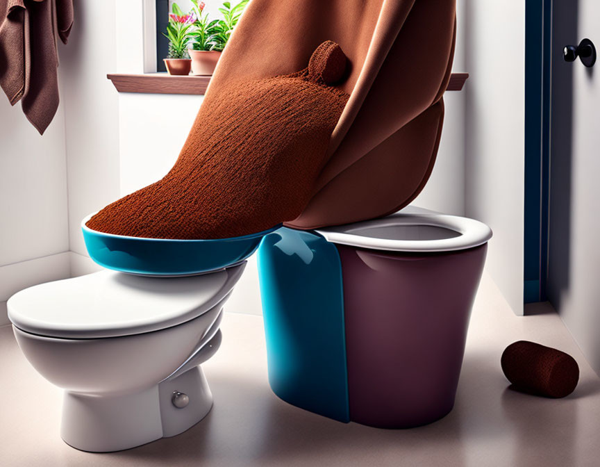 Person with one brown sock sitting on white toilet with foot on blue trash can - walnut on floor