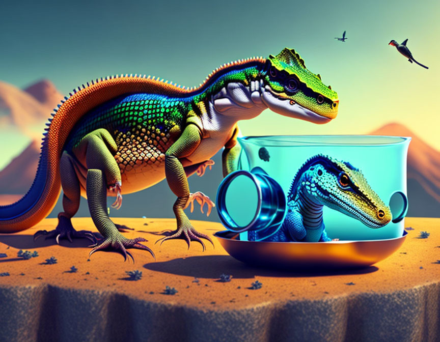 Colorful Dinosaur Reflecting in Fishbowl Desert Scene