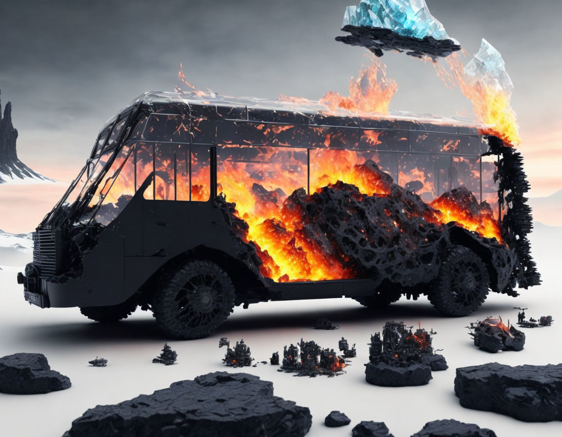 Surreal image: Bus interior in flames with ash dissolving, rocky backdrop