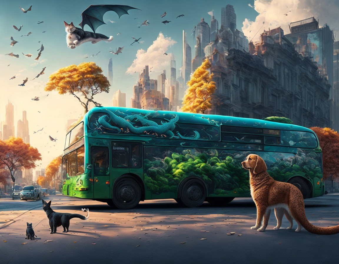 Fantastical cityscape with dragon, green bus, dog, cat, broccoli, and flying whales